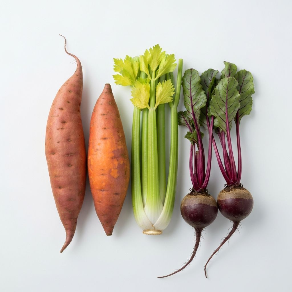 Fresh root vegetables including sweet potatoes and beets